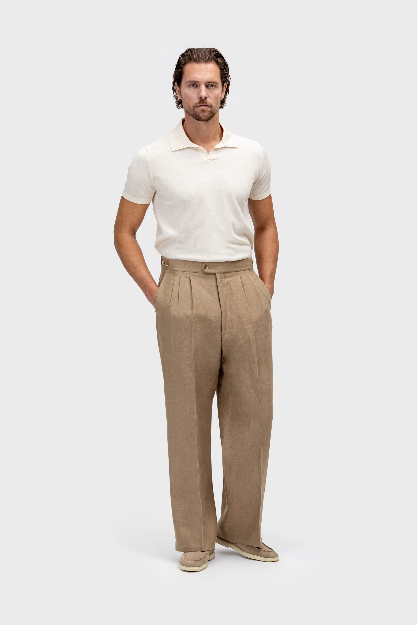 Bespoke knitwear and linen trousers by Souster & Hicks