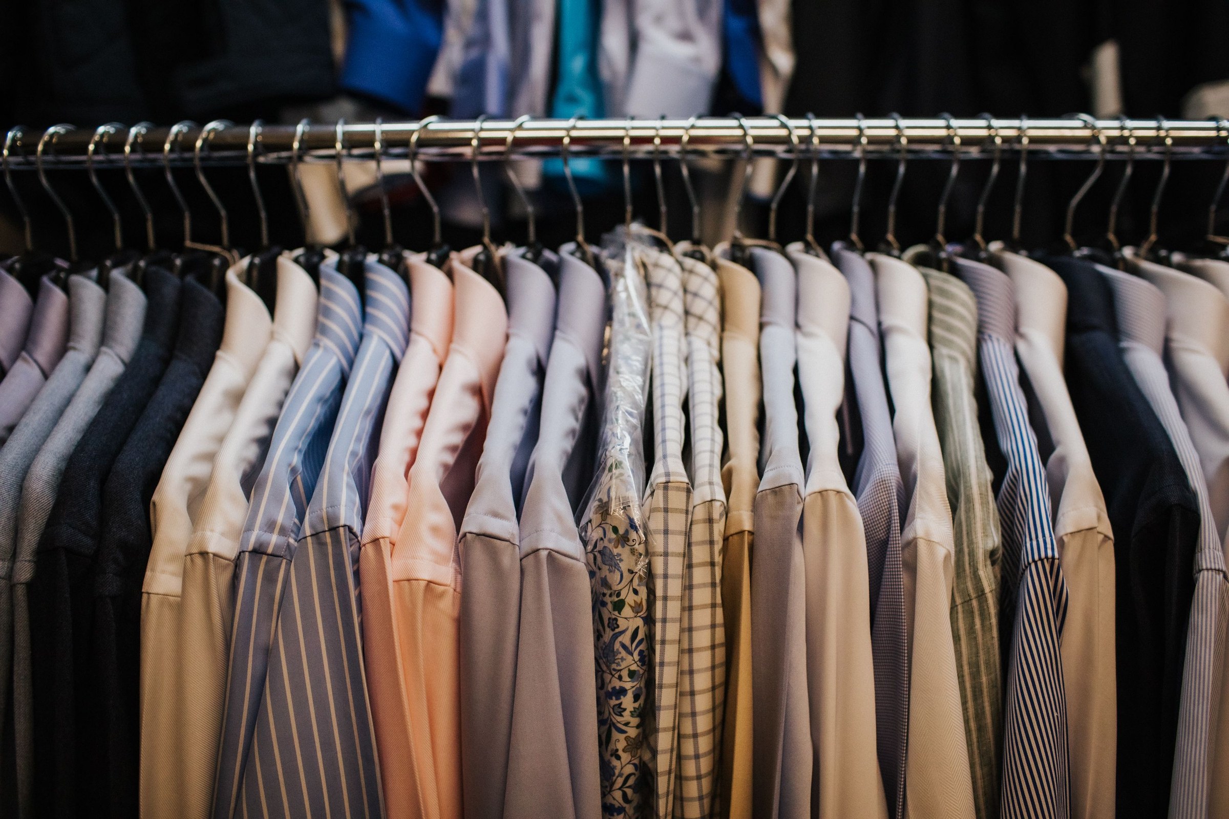 A rail of bespoke shirts at the Souster & Hicks showroom