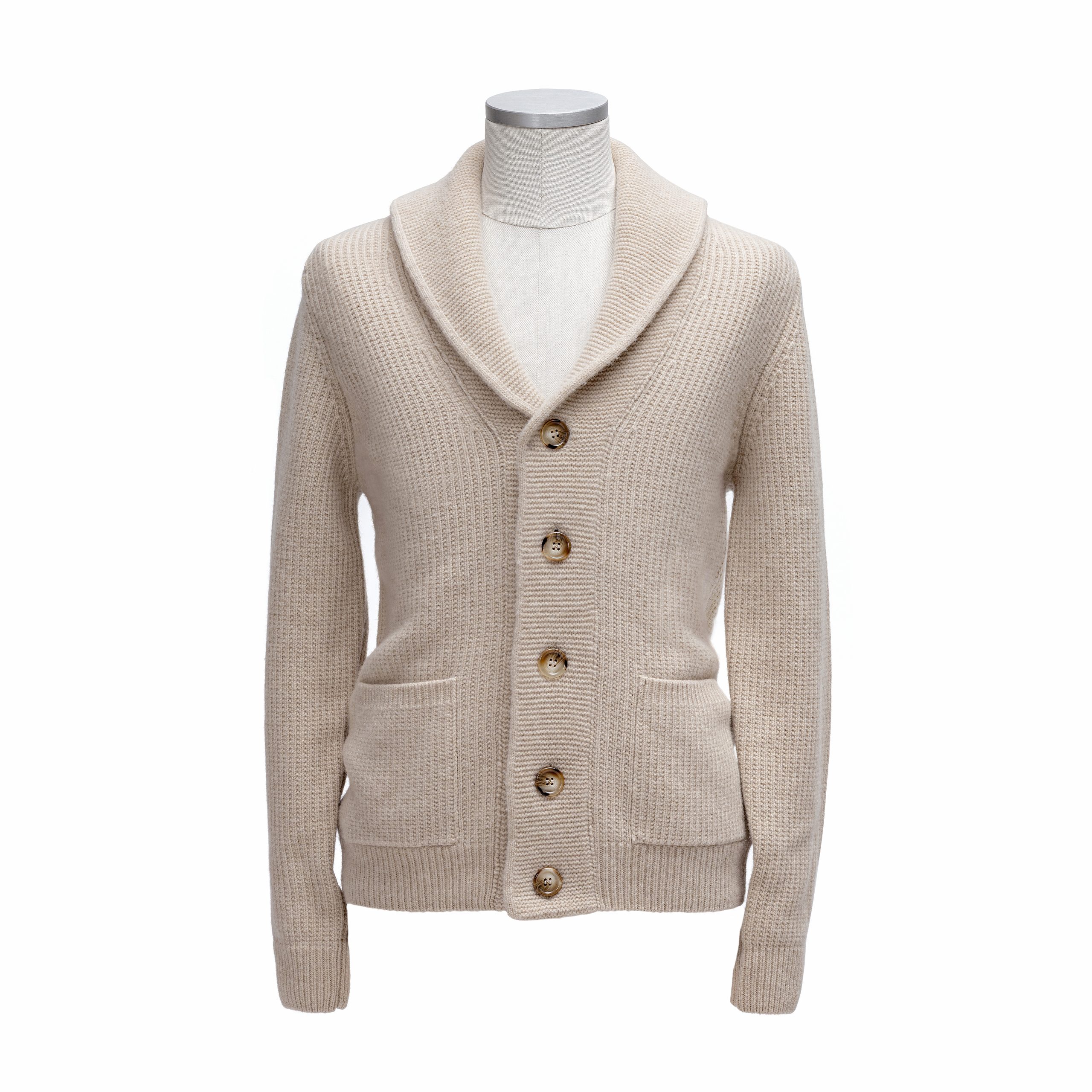 Beige shawl-collar knitted cardigan by Souster & Hicks